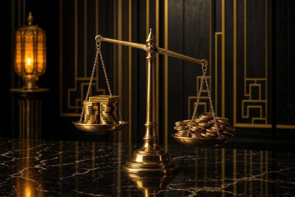 Brass balance scale weighing gold casino plaques against gold coins on black marble